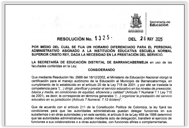 Resolución 1325 Nuevo Horario Administrativos ENSCR 2025